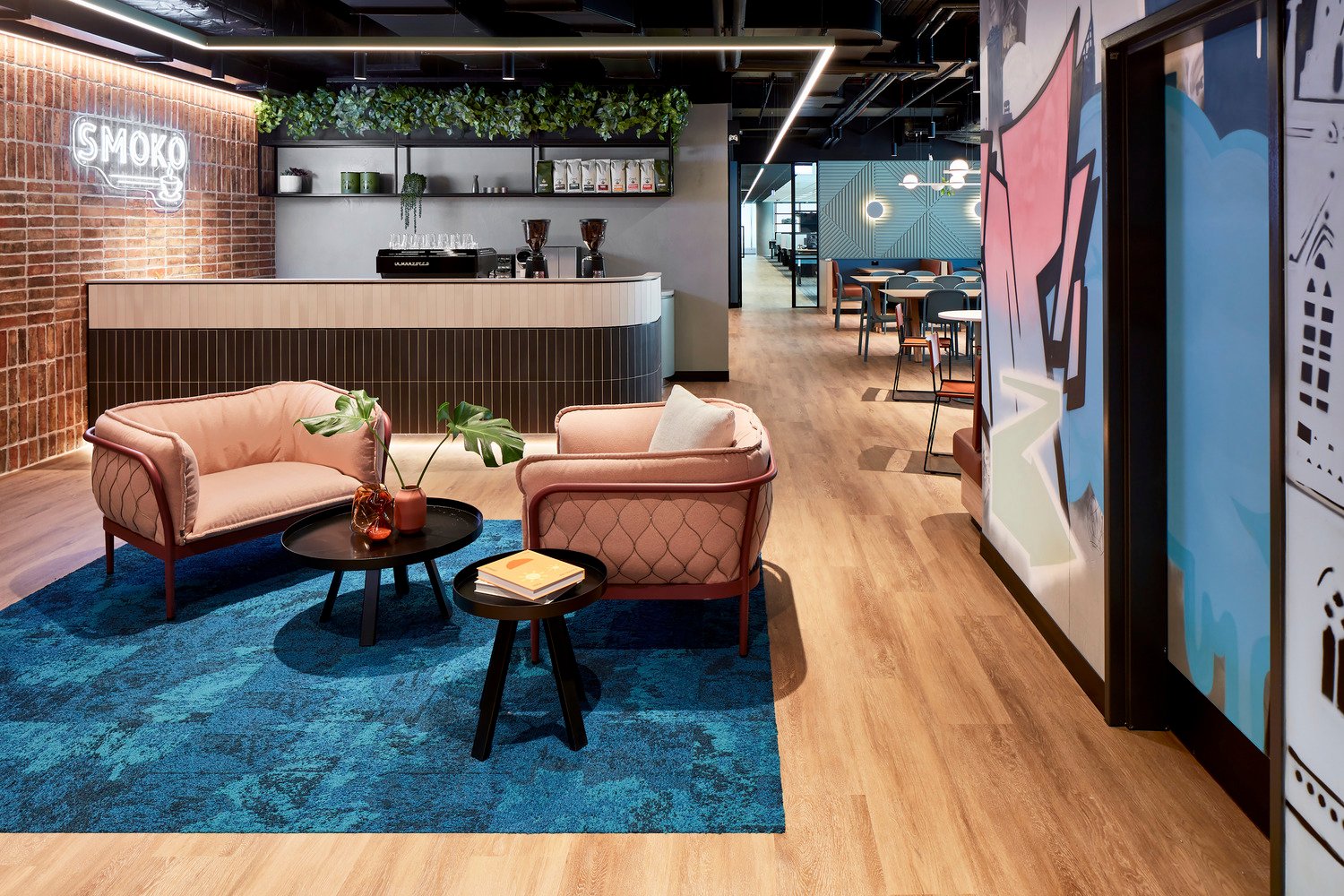 Global software company welcome area with blue rug