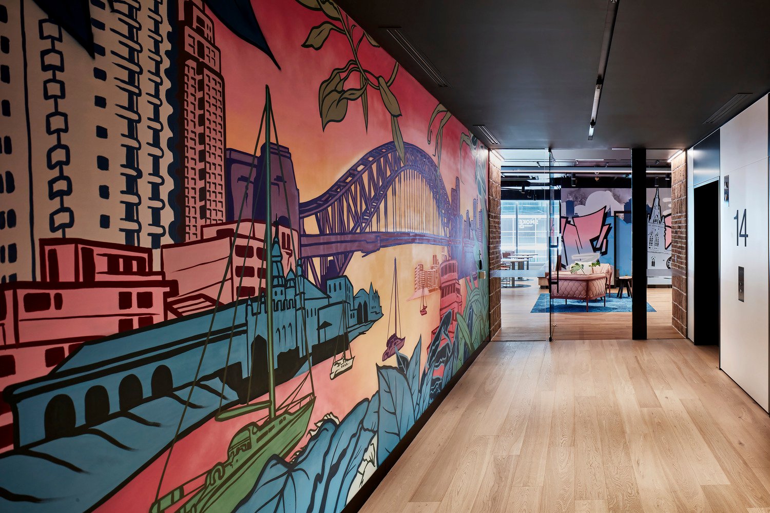 Global software company Sydney Harbor Bridge mural entrance