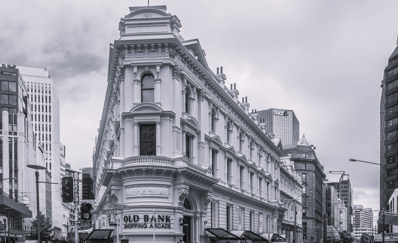 Exterior view of the Old Bank Arcade heritage building in Wellington