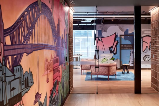 Entryway with Sydney Harbour Bridge mural Global software company Sydney