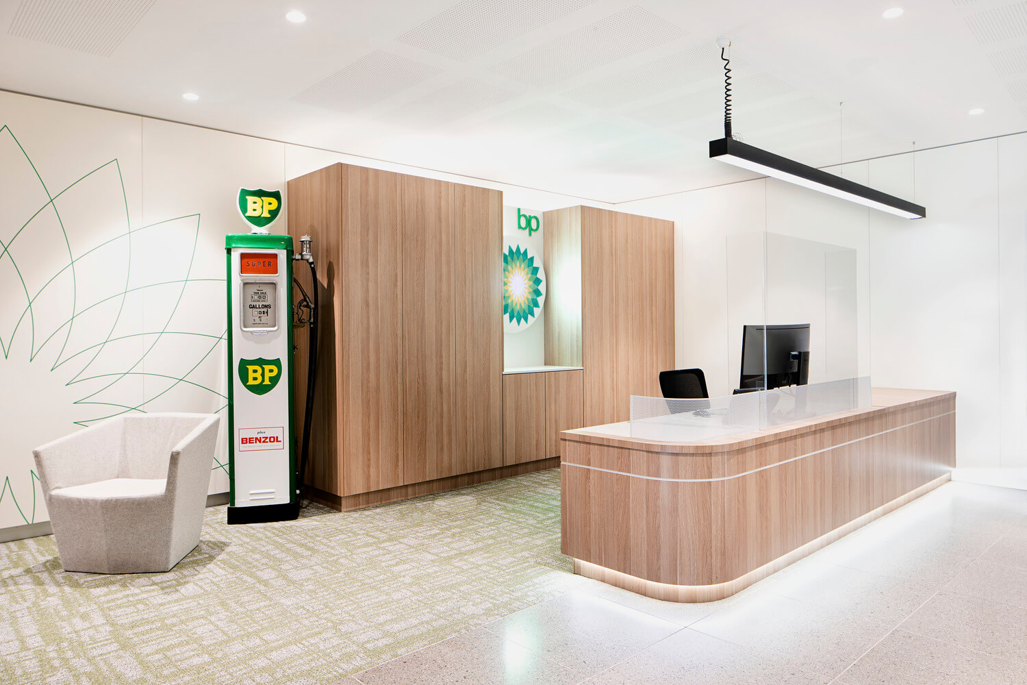 BP reception area with logo and petrol pump