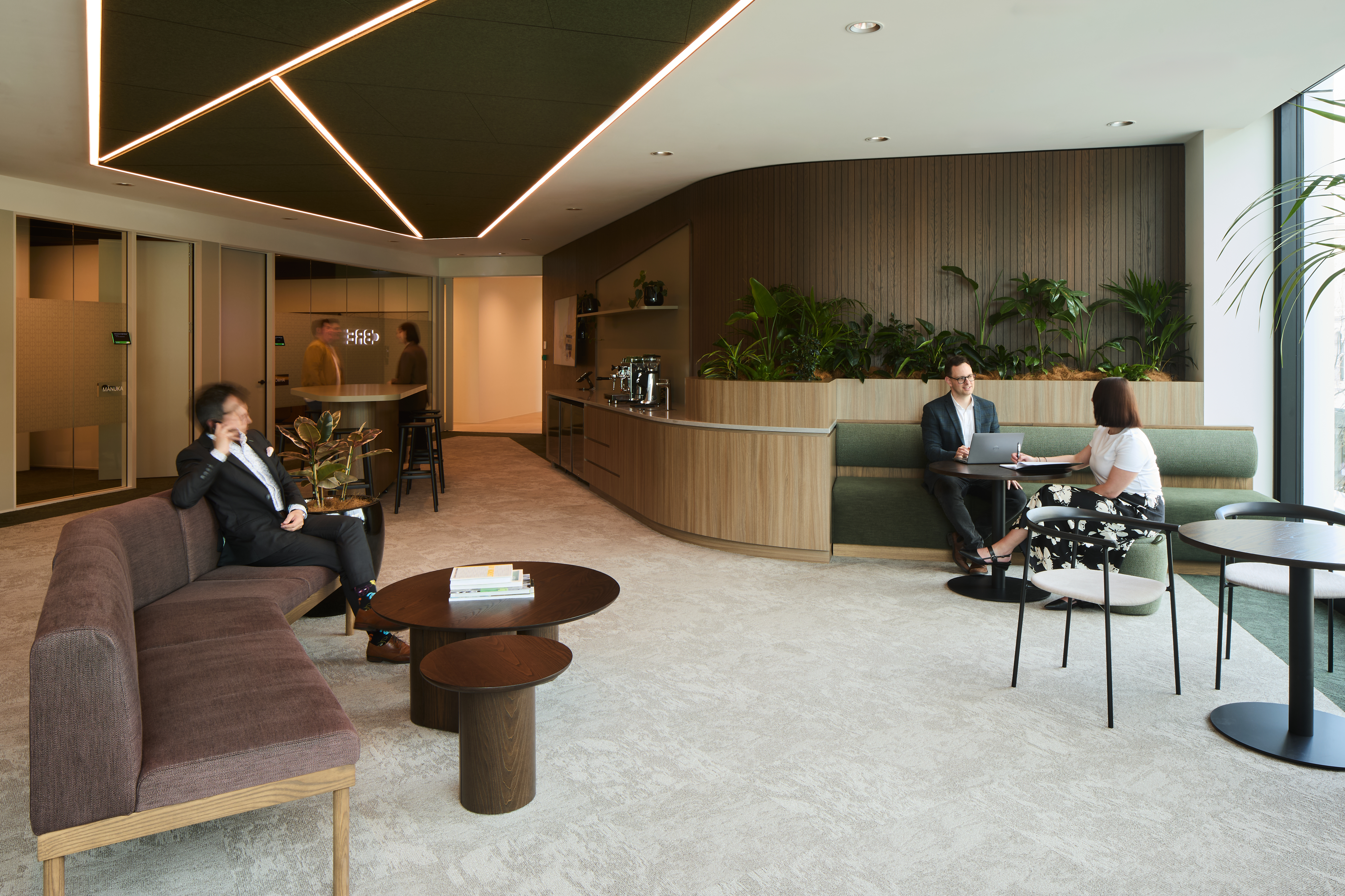 Warm, welcoming client hosting and welcome area for CBRE's Christchurch clients 