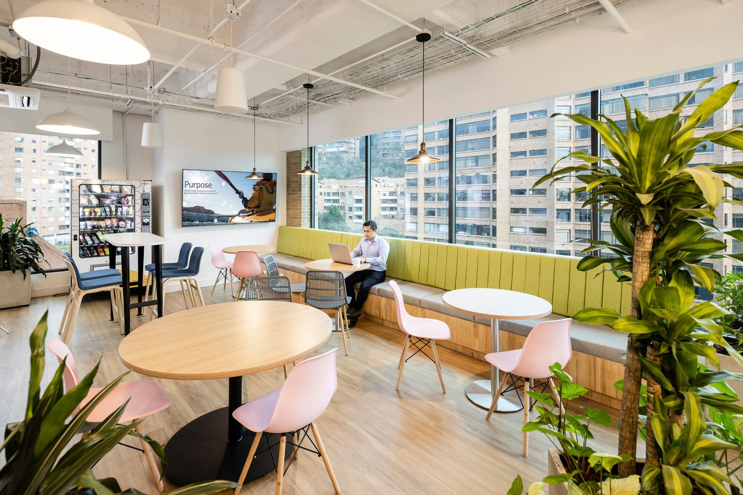 Global medical device company open workspace with biophilia and windows