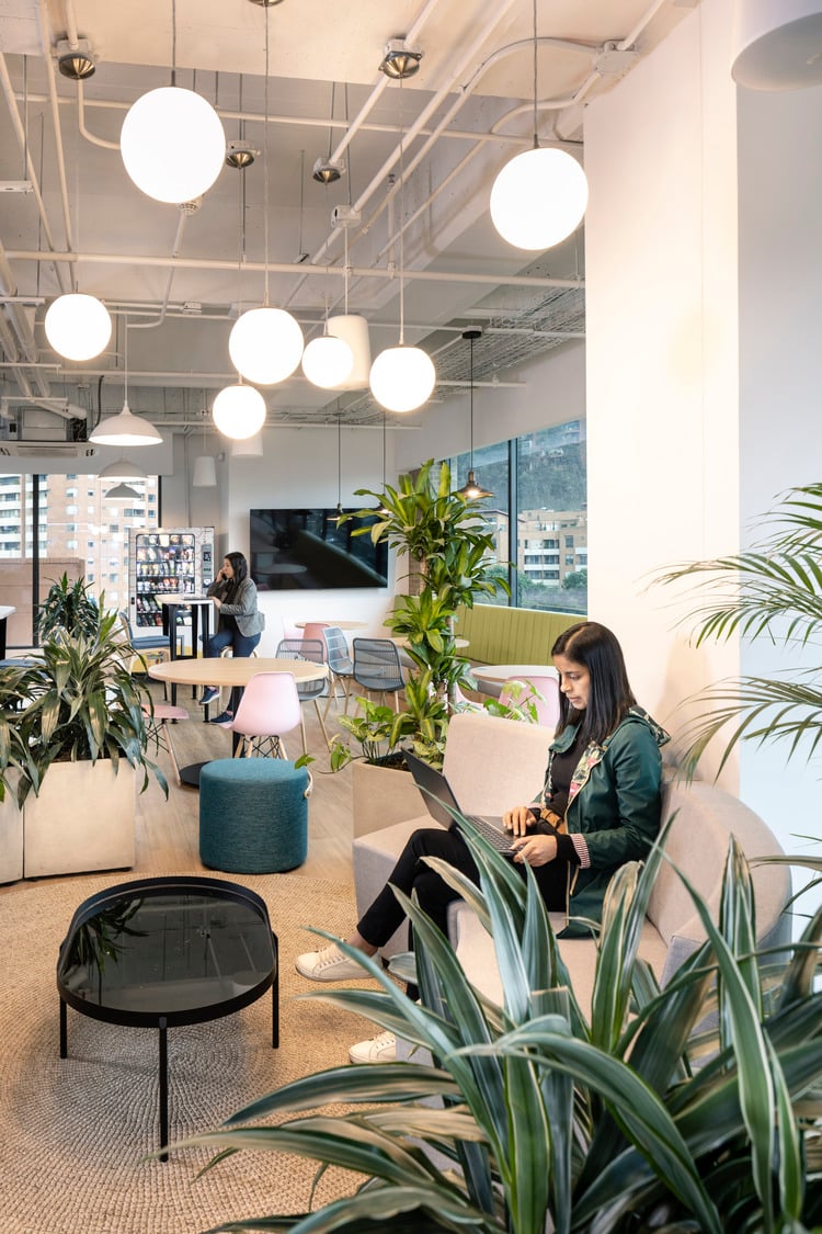 Global medical device company work space with biophilia, open space
