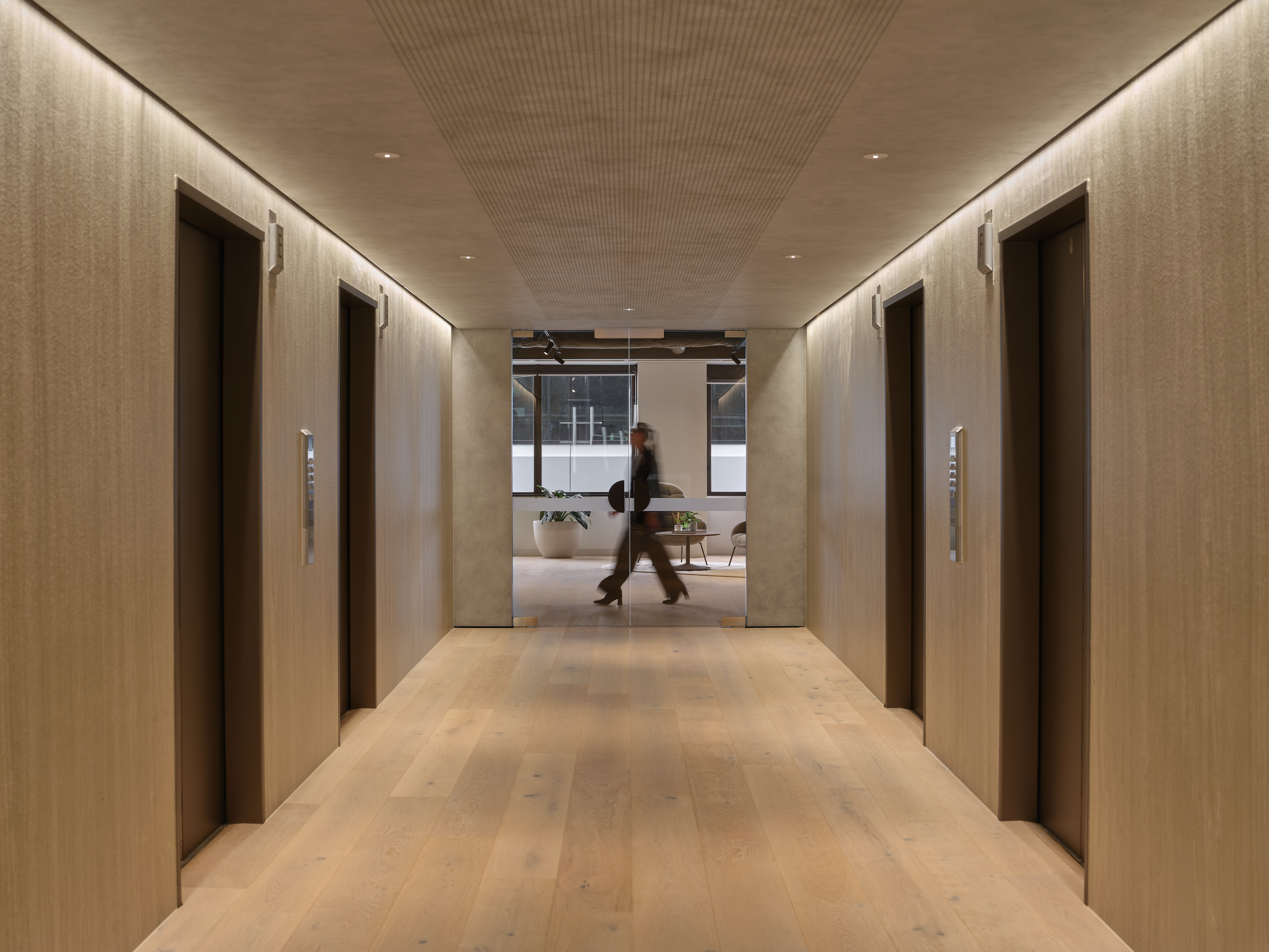 A warm welcoming lobby entrance to Precinct's fitted suites at Auckland's Aon Centre
