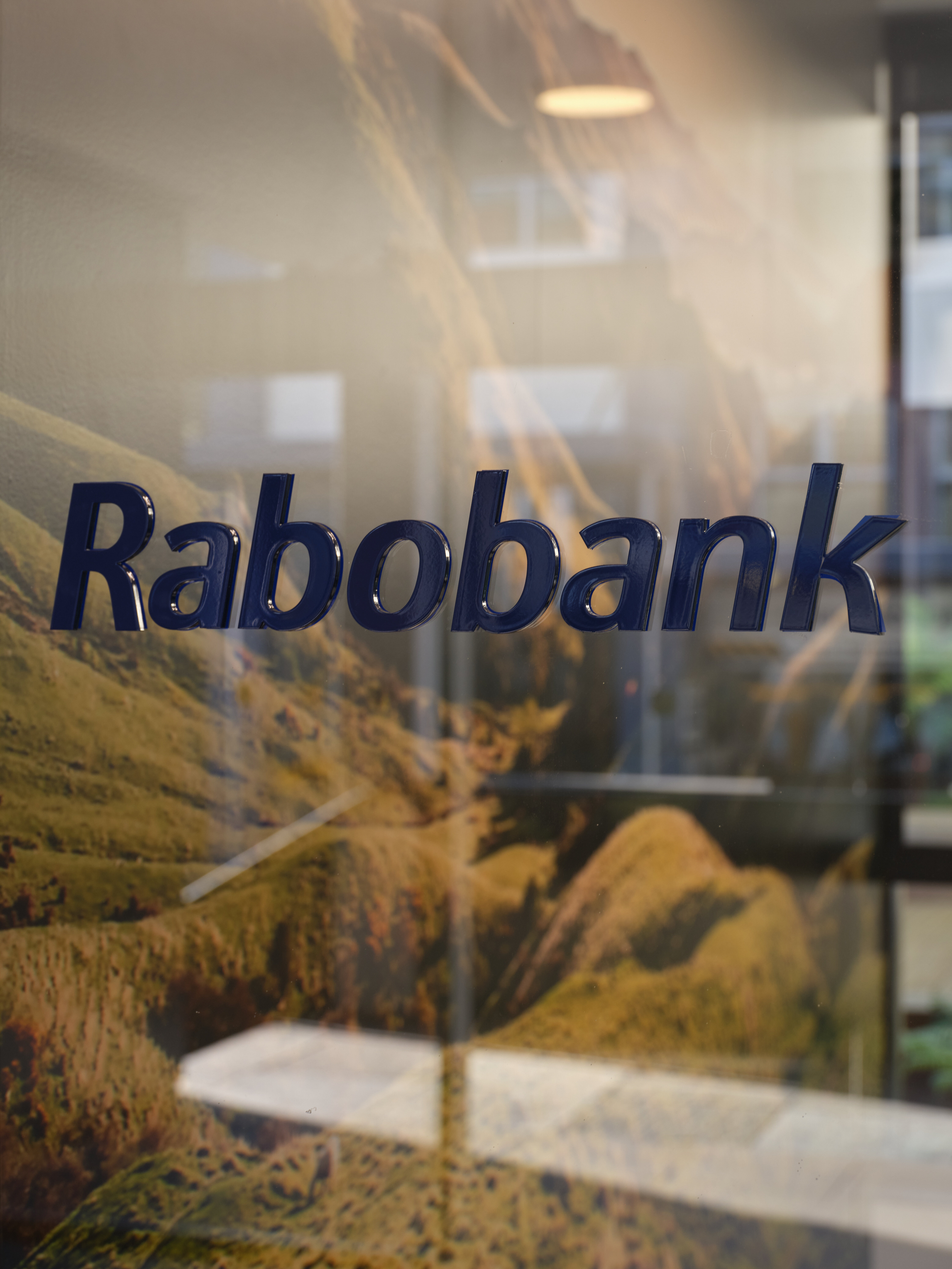 Logo displayed in Rabobank's Dunedin office designed and delivered by Unispace