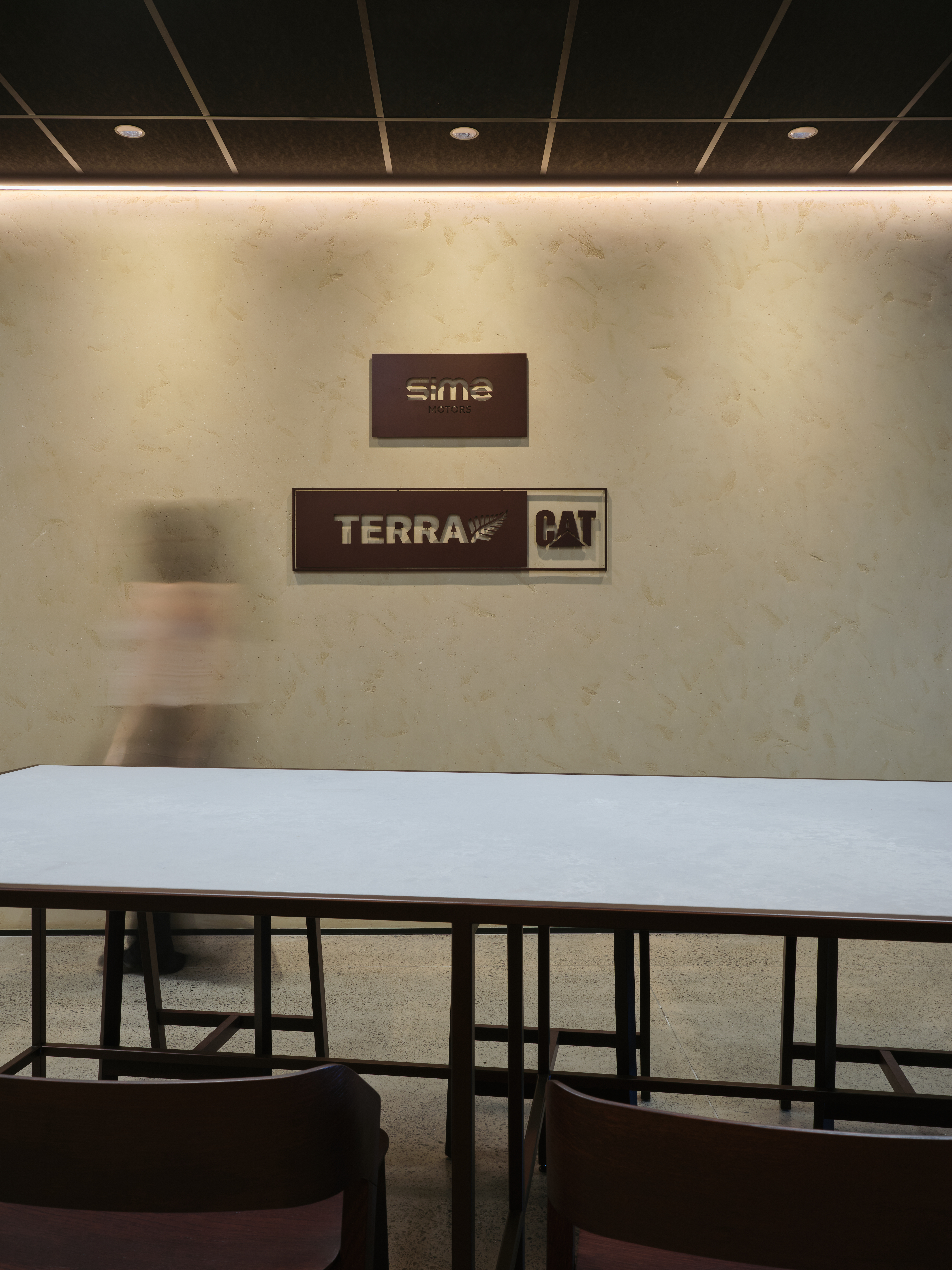 Warm textured wall with Terra Cat and Sime logos 